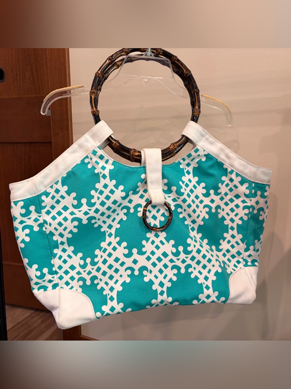 Milly Turquoise and White Lattice Tote with Bamboo-Style Handles